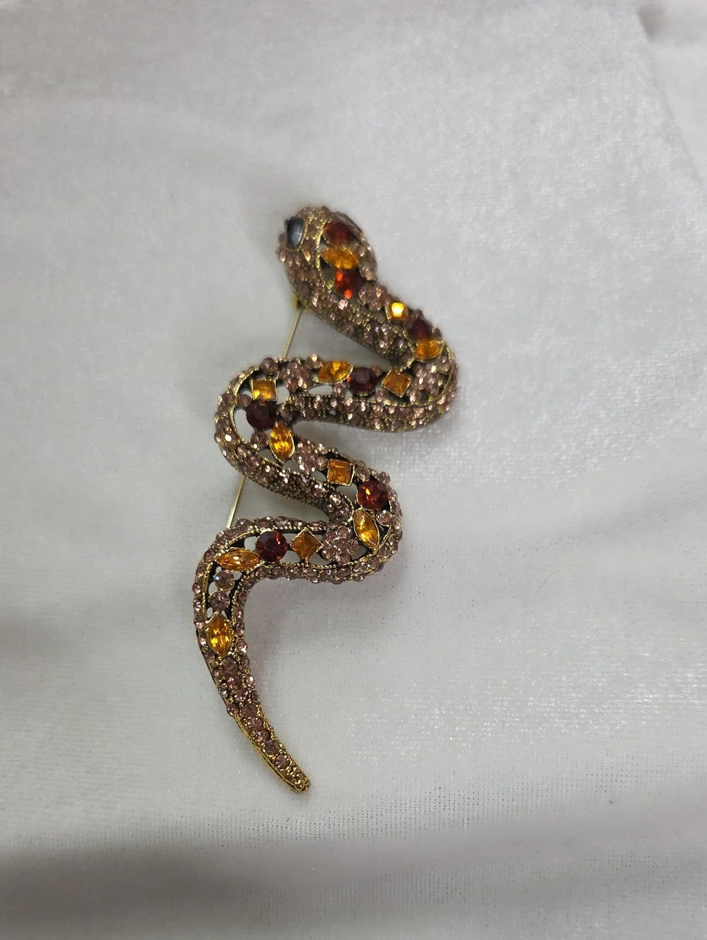 Women's Large Rhinestone Snake Brooch Pin Orange Amber Gold Rhinestones Elegant